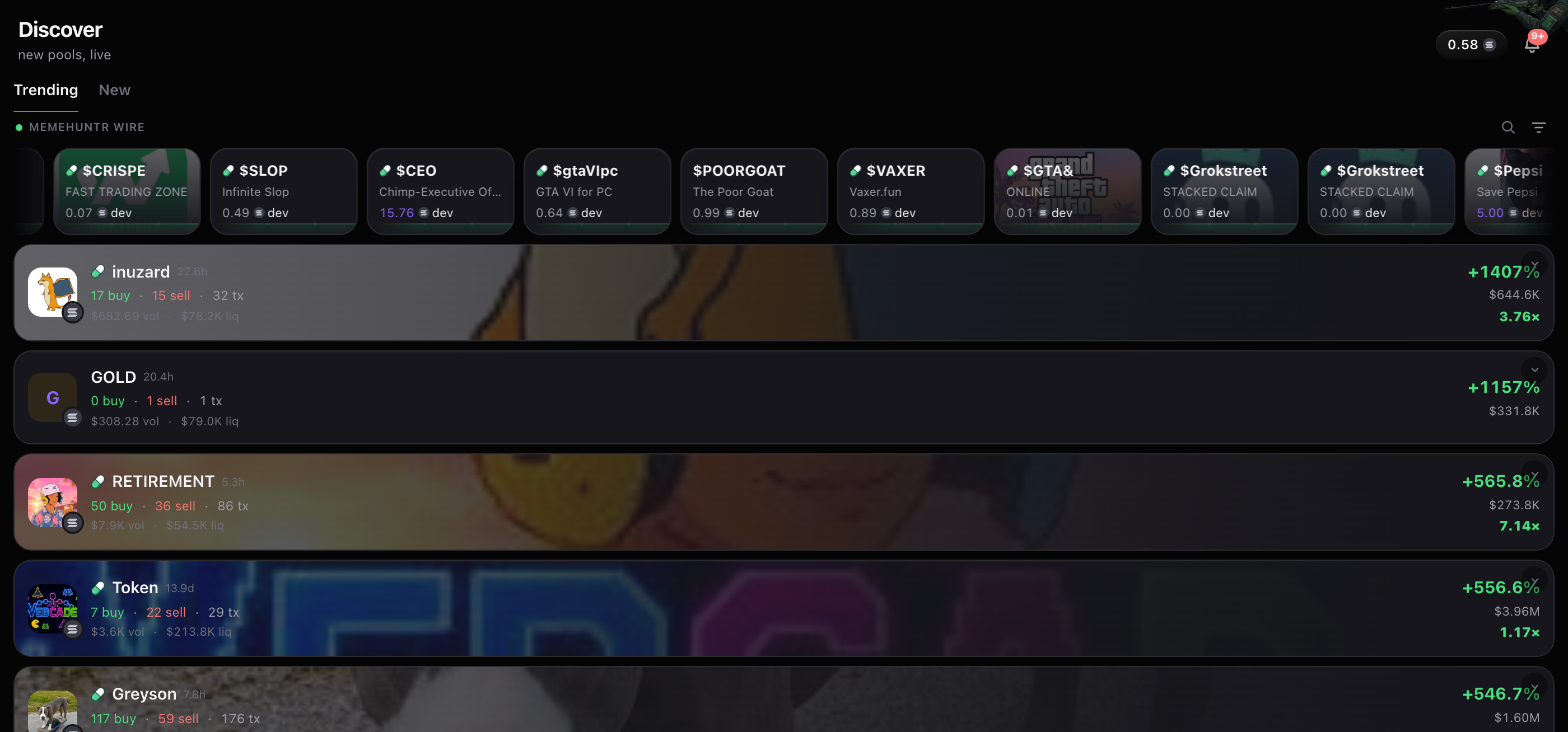 The MemeHuntr terminal: the live wire of new mints above today's trending runners, up 1400%, 1157% and 565%